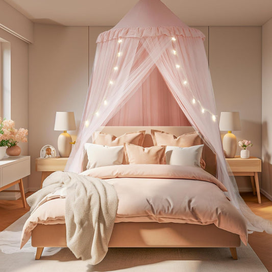 Large Bed Canopy with Star Lights for Girls Room Decor