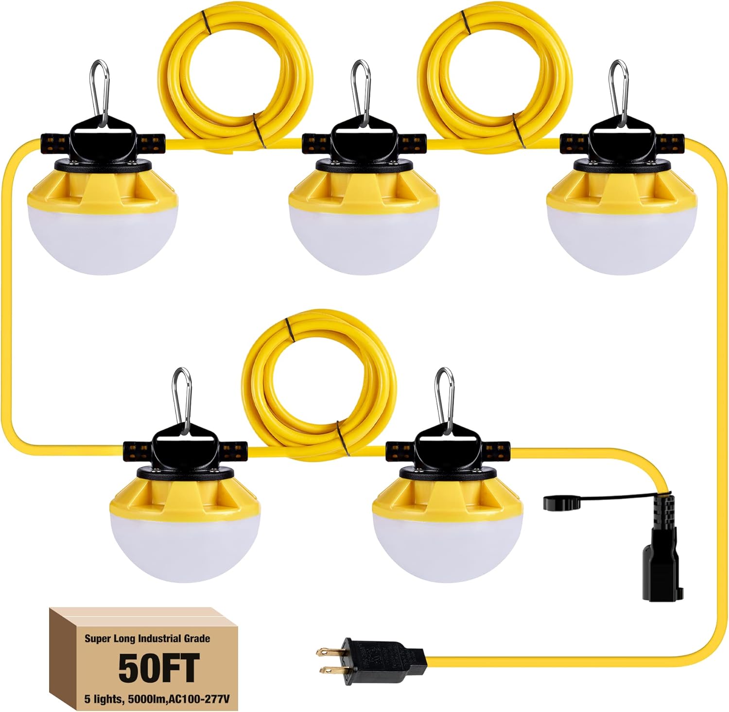 50FT Construction String Lights for Jobsite with 5 Bulbs & Hooks
