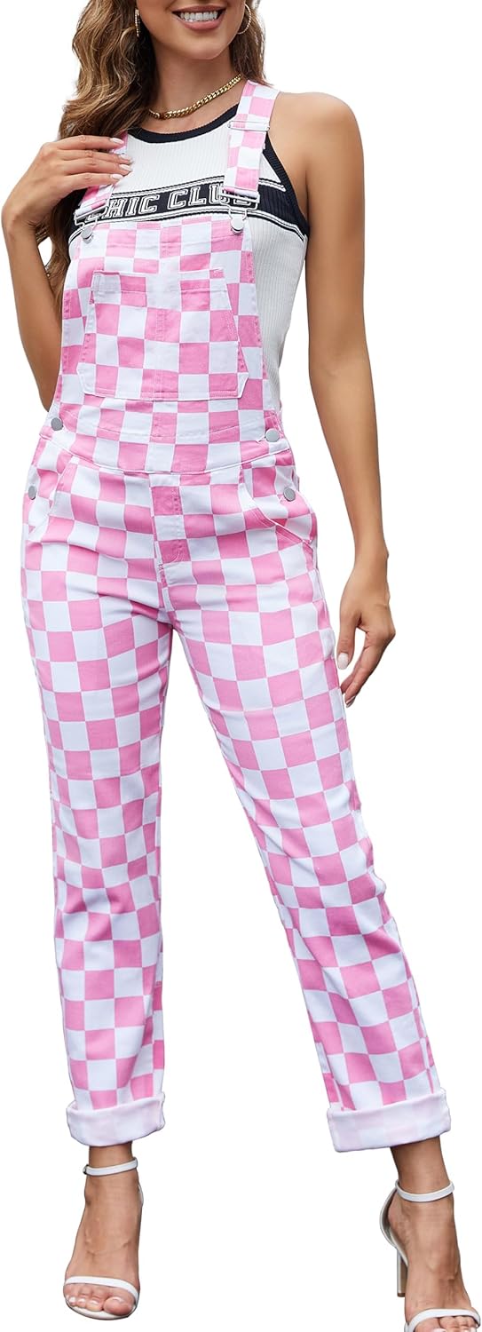 Checkered Pants Womens Overalls Fashion Bib Coveralls Cute Stretch