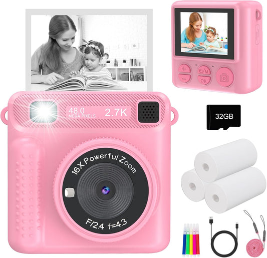 Instant Print Camera for Kids - HD Video, 32GB SD Card, Toy for Girls & Boys, Pink