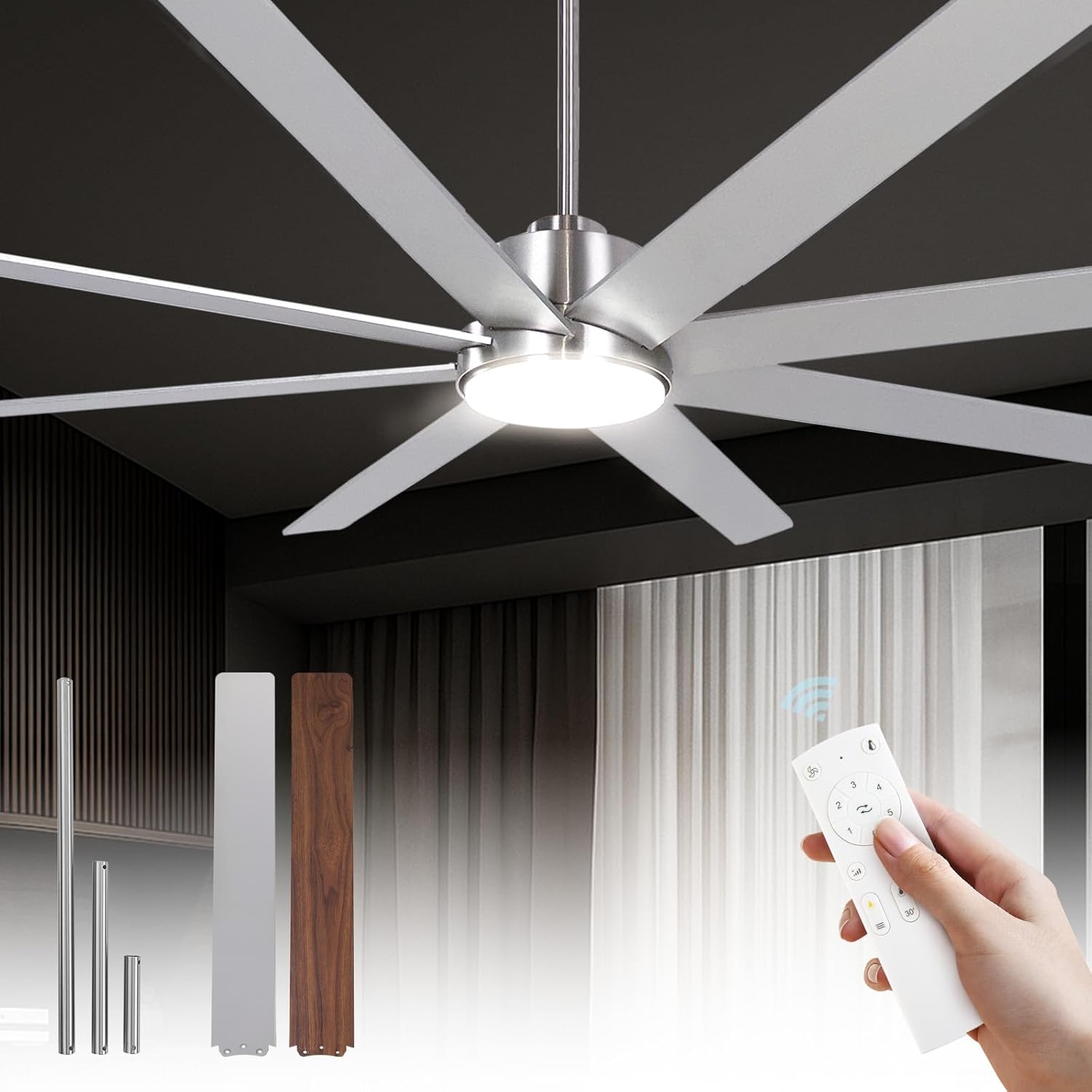 72Inch Large Brushed Nickel Ceiling Fan with Light and Remote Control