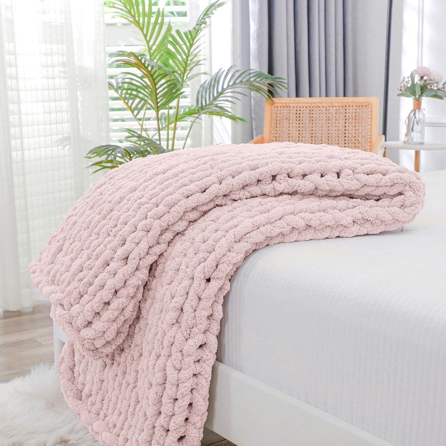 Bigacogo Chunky Knit Throw Blanket for Couch, Cozy and Soft