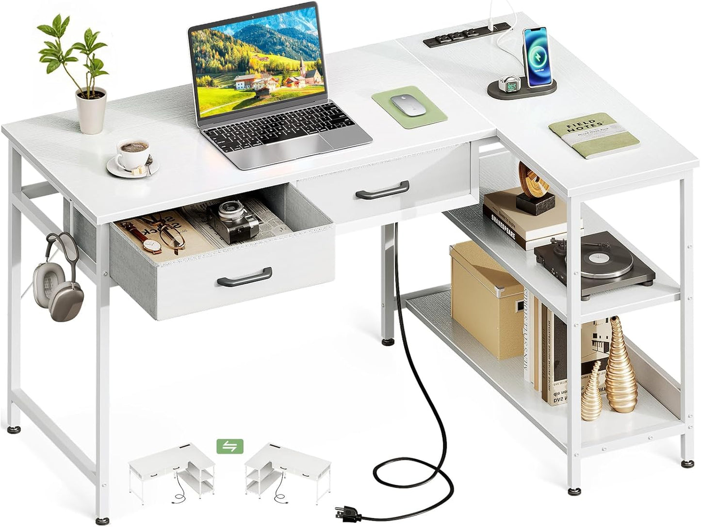 Space-Saving L Desk with Drawers, Ideal for Home Office
