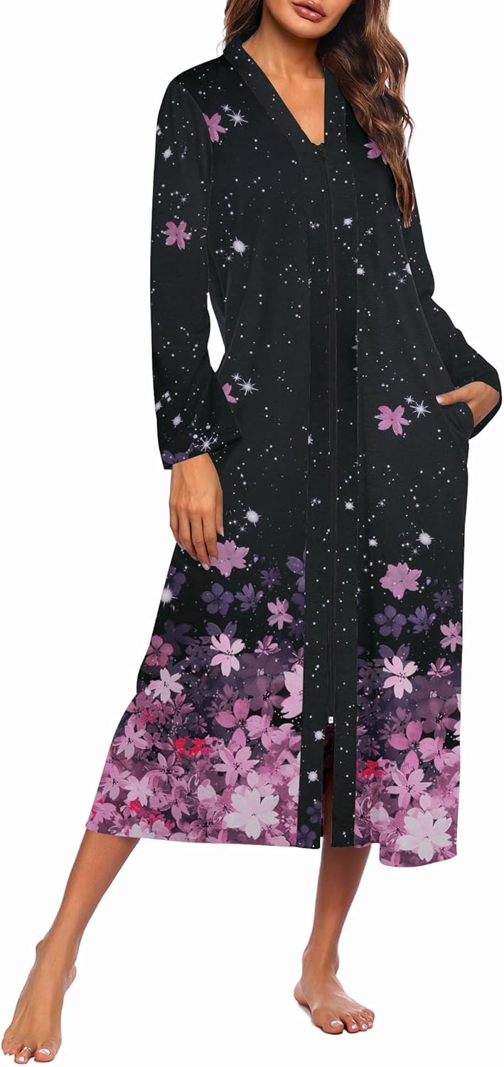 Ekouaer Women Zipper Robe Long Sleeve Loungewear with Pockets