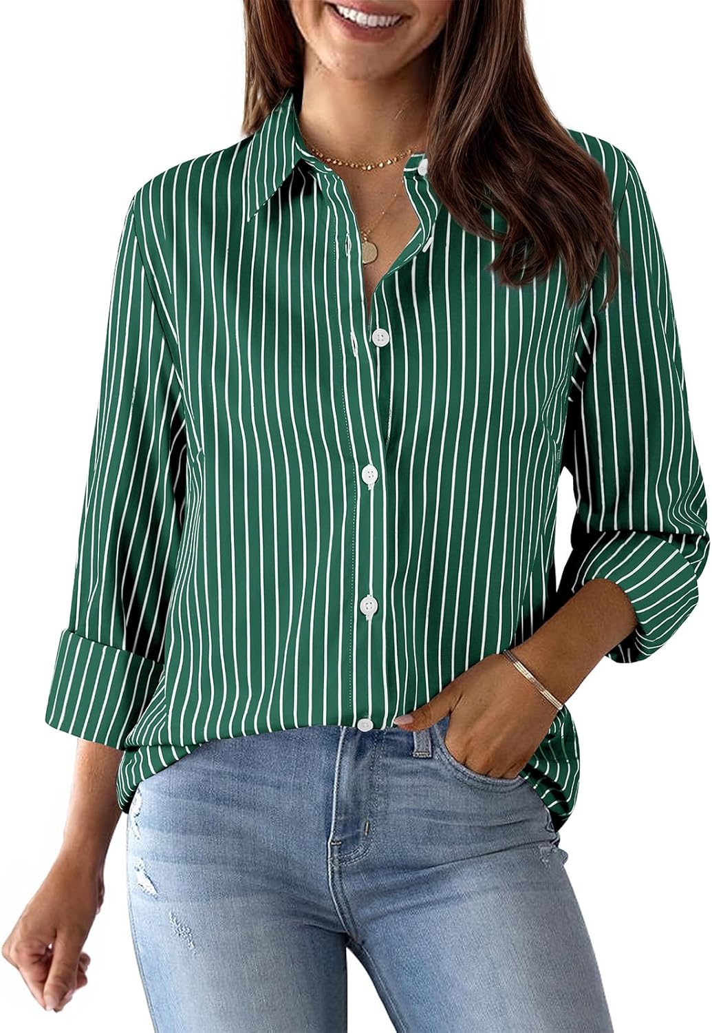 Womens Button Down Shirts Cotton Striped Dress Shirt Long Sleeve