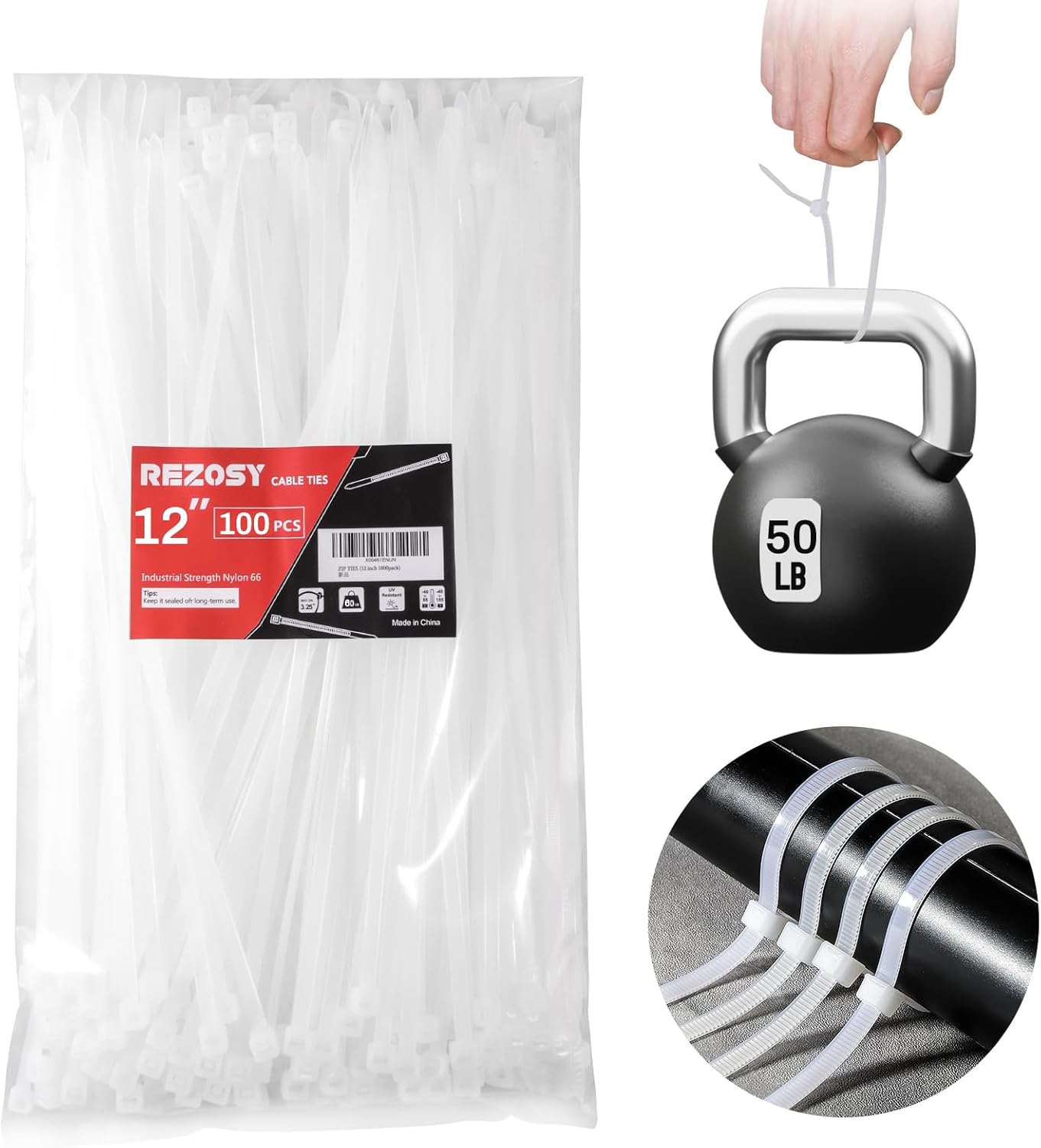 REZOSY 12 Inch White Zip Ties - 100 Pack - 50lbs Strength