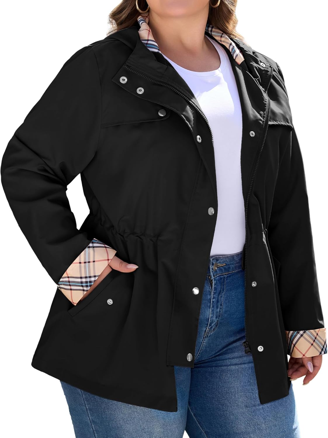 Bloggerlove Plus Size Long Rain Jacket for Women with Hood