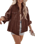 Corduroy Womens Long Sleeve Button Down Tunic - Loose Pocket Shirt