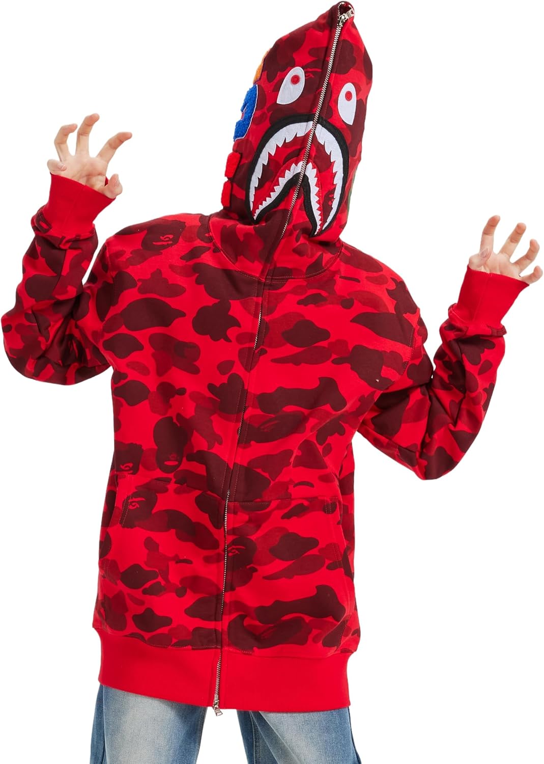 Unisex Camouflage Hoodie with Shark Embroidery for Couples