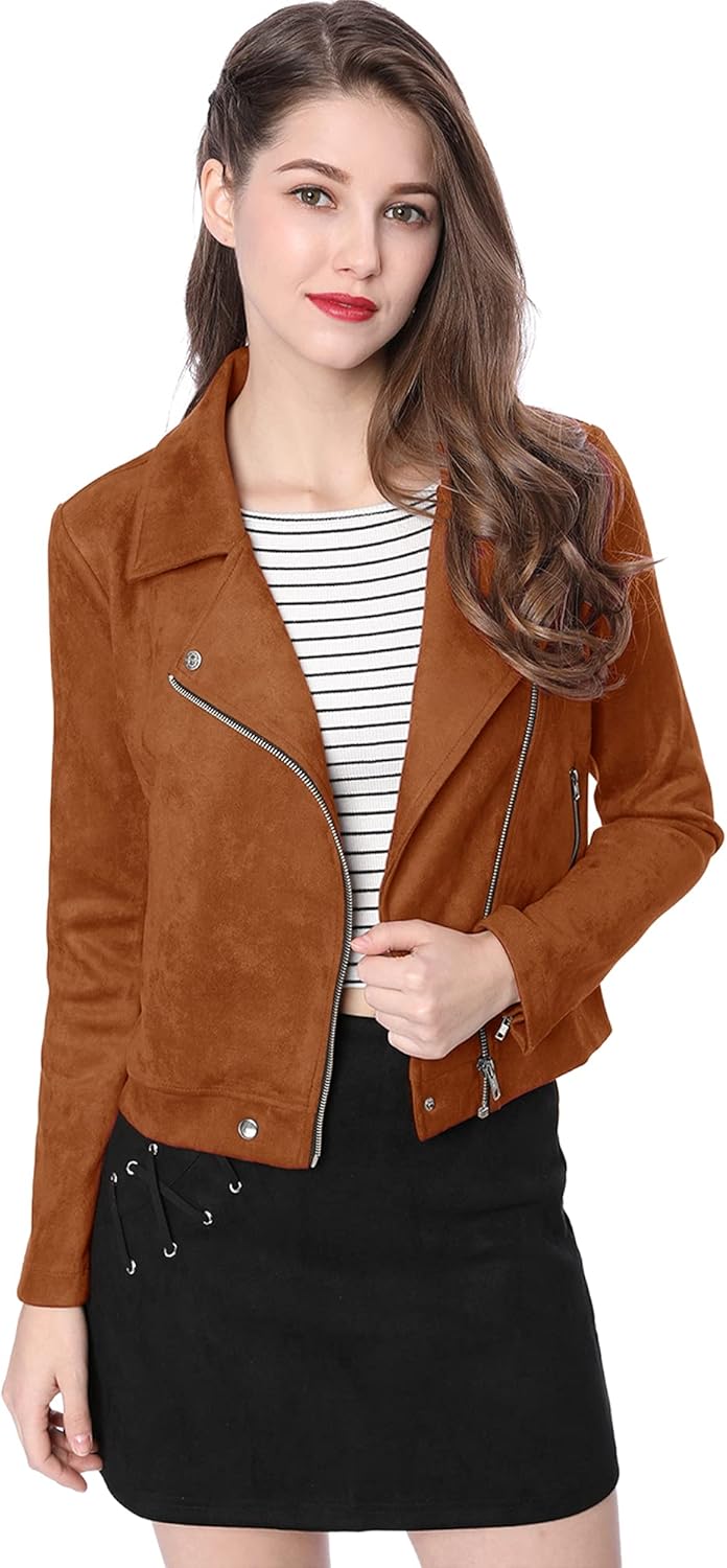 Allegra K Women's Short Soft Zip Up Faux Suede Biker Jacket