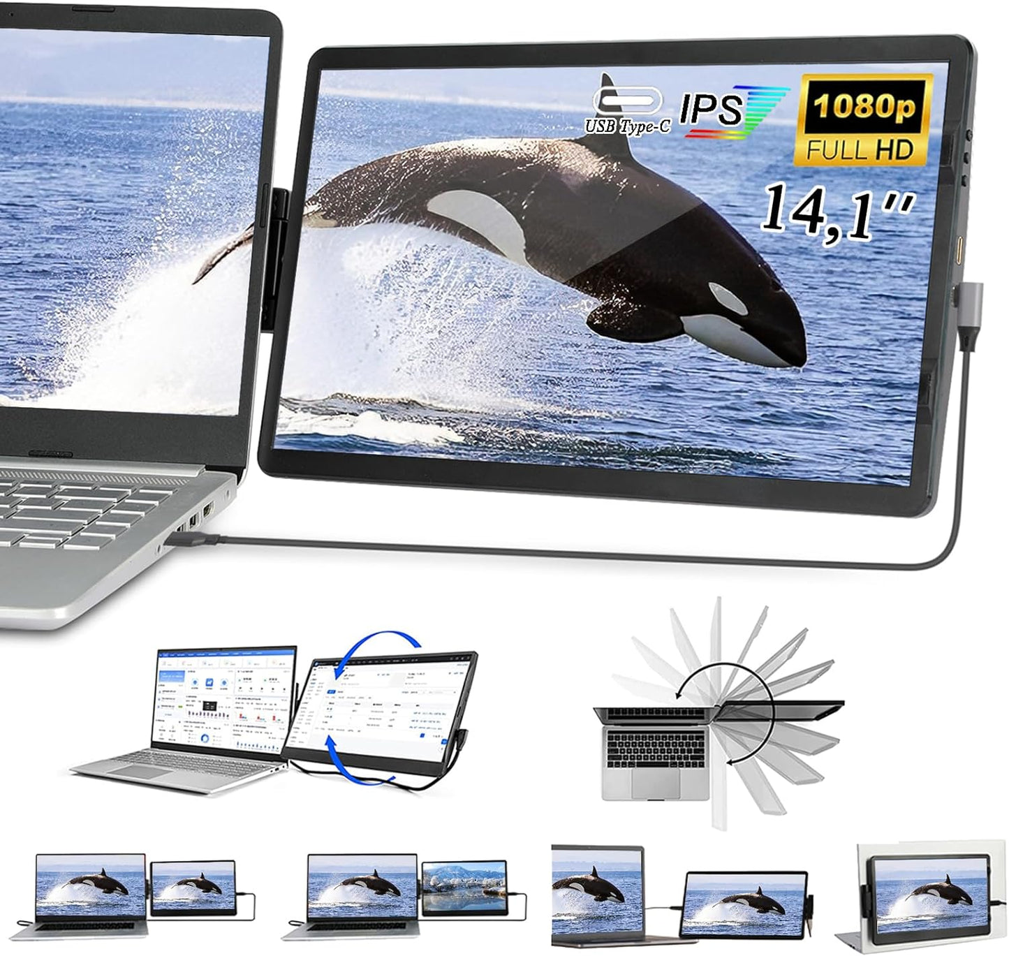 14.1 Portable Dual Screen Laptop Extender - FHD 1080P IPS Display