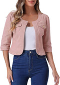 Allegra K Denim Jacket Collarless 3/4 Sleeve Crop Jean Jacket - Casual