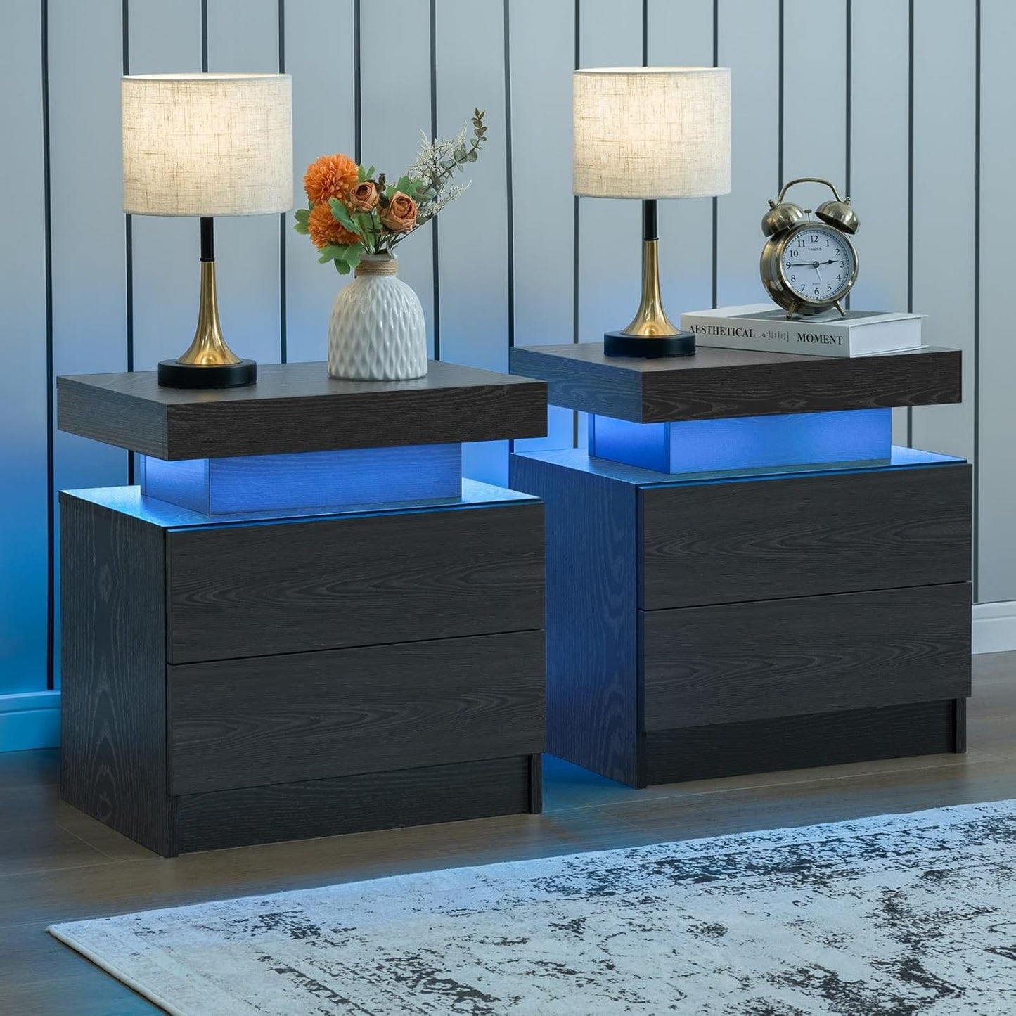Modern Black Night Stand Set of 2 with LED for Bedroom Use