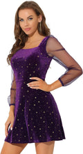 Allegra K Women's Sparkly Glitter Velvet Mesh Sheer Sleeve Dress