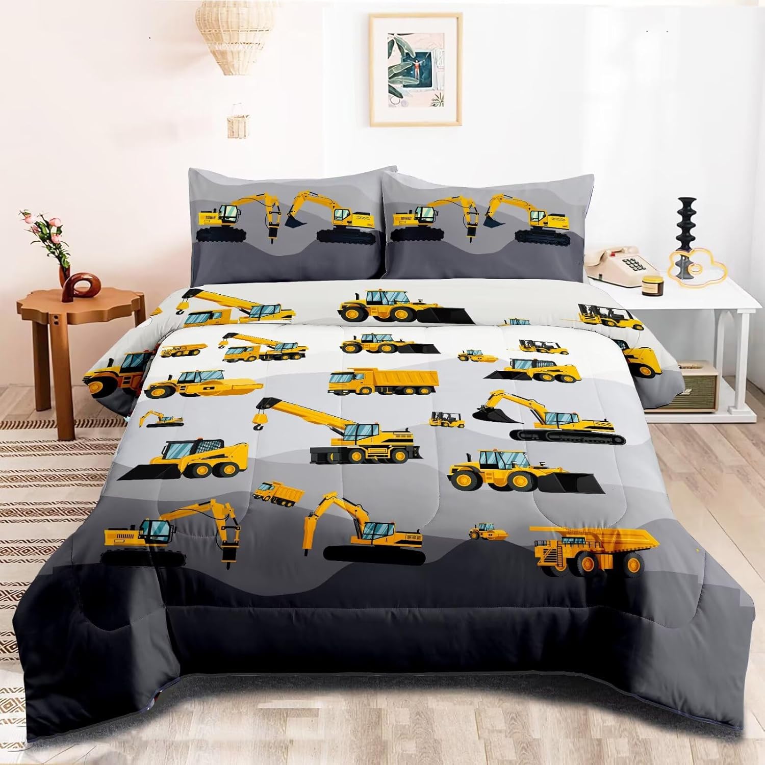 Kids Construction Vehicles Truck Comforter Set for Boys Twin
