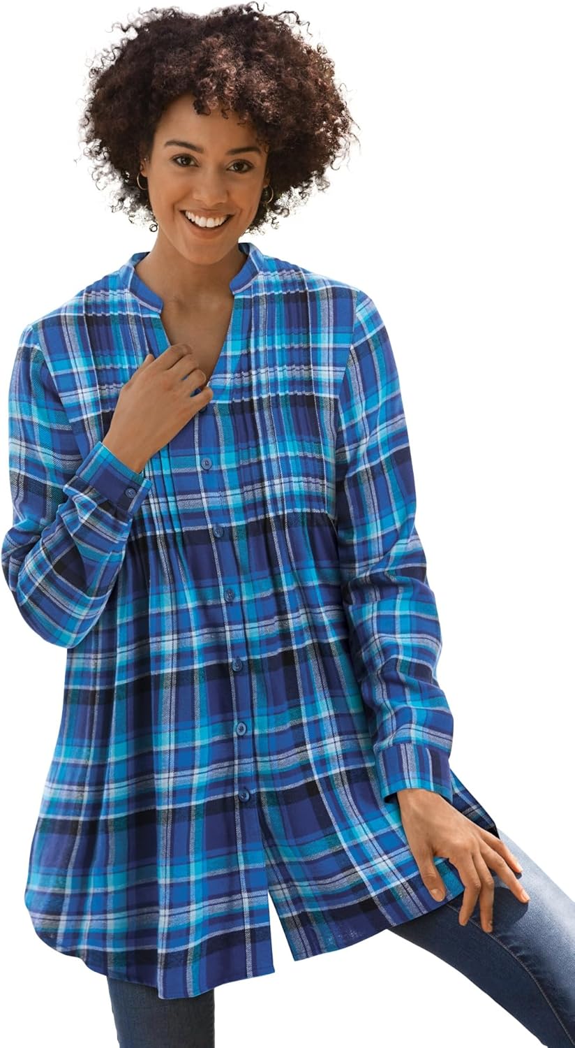 Woman Within Plus Size Pintucked Flannel Shirt for Comfort