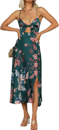 Women Spaghetti Strap Satin Midi Dress Tie Front Backless Split
