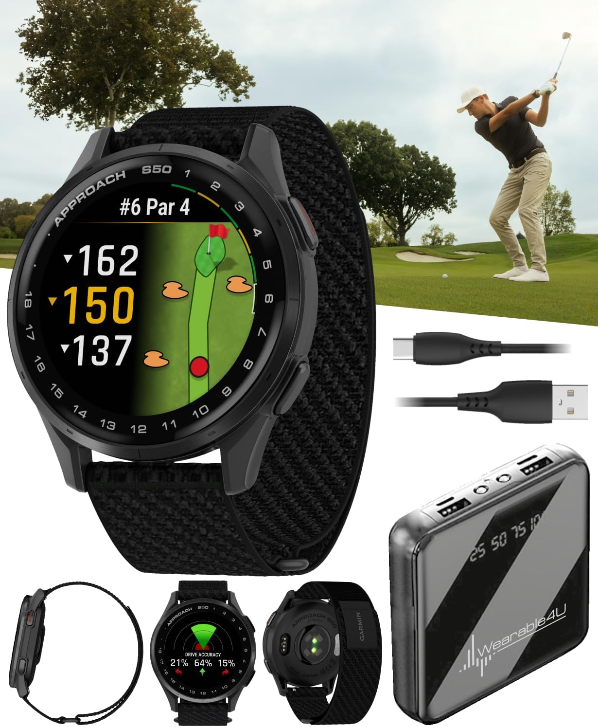 Garmin S50 Golf GPS Smartwatch Bundle+Power Bank