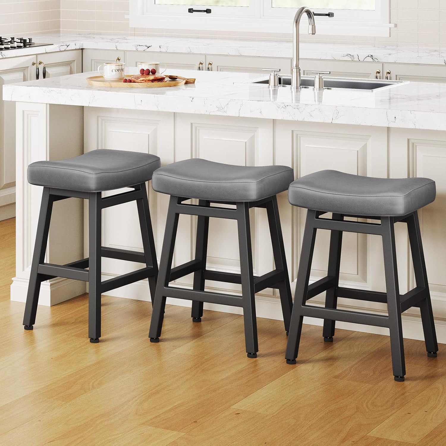 Counter Height Bar Stools Set of 3 for Kitchen with Leather Seats