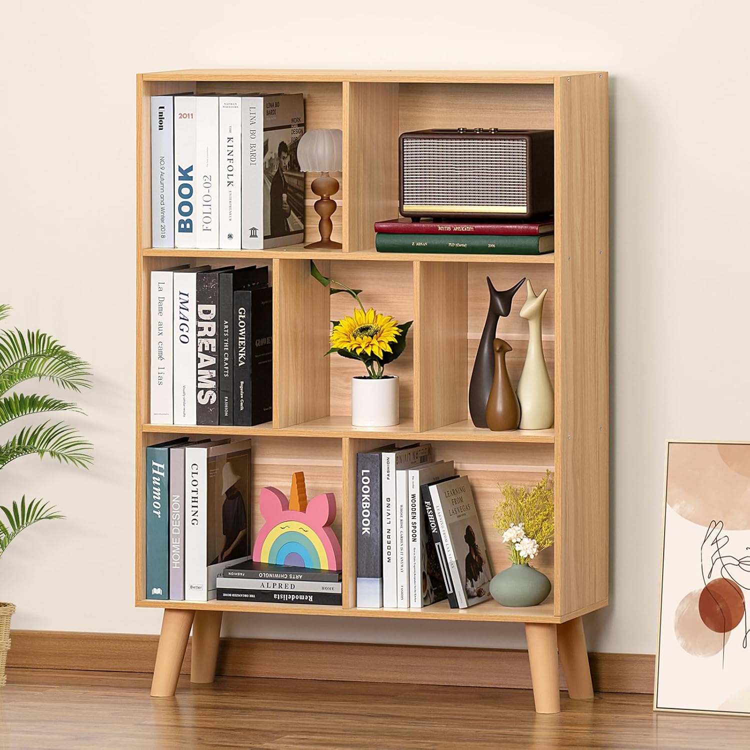 Natural 3 Tier Bookshelf with Legs for Modern Home Decor