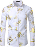 ZEROYAA Mens Hipster 3D Golden Rose Floral Slim Fit Long Sleeve