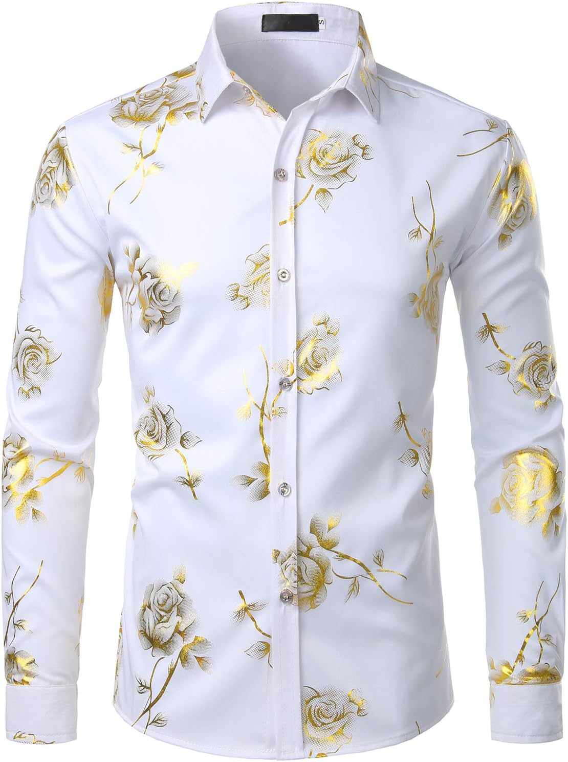 ZEROYAA Mens Hipster 3D Golden Rose Floral Printed Dress Shirt