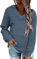 Striped Color Block V Neck Hoodie Sweater - Casual Knit Pullover