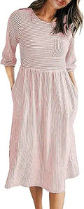 Striped High Waist Midi Dress with Pockets - Balloon Sleeve Casual