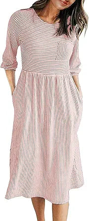 MEROKEETY Women's Striped High Waist Midi Dress with Pockets