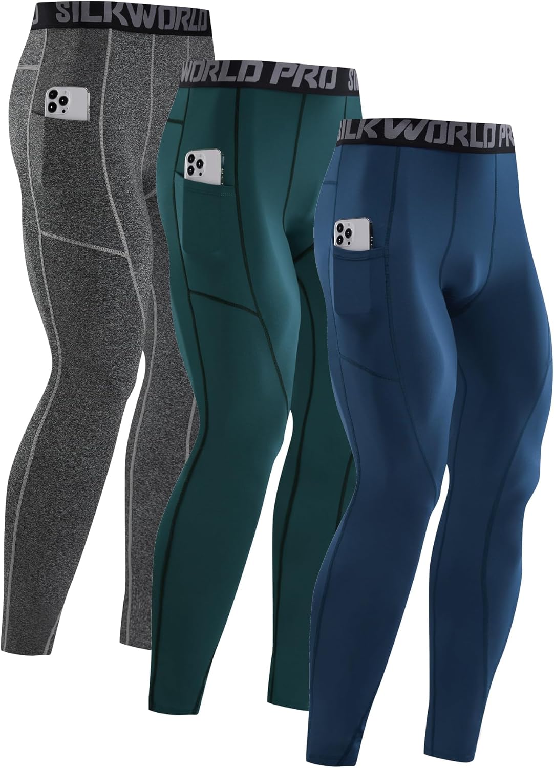 SILKWORLD Men's Compression Pants with Pockets for Gym Use