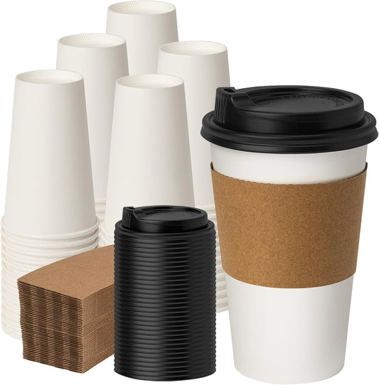 100 Pack 16 oz Disposable Coffee Cups with Lids for On-the-Go