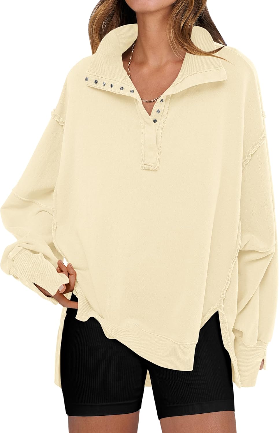 Oversized Women's Sweatshirts Button Up Henley Pullover Top