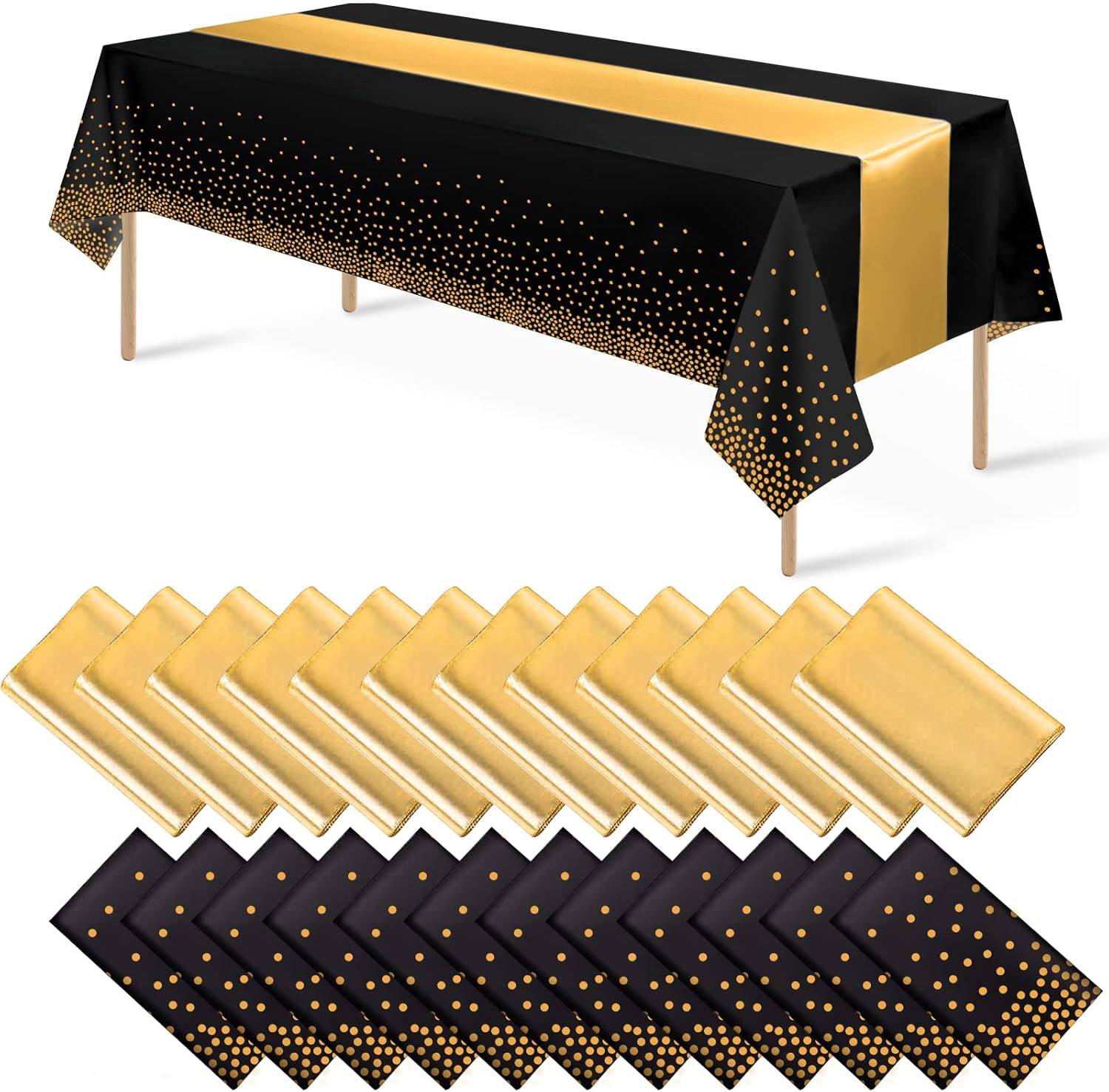 24Pack Disposable Plastic Tablecloths with Gold Satin Runners