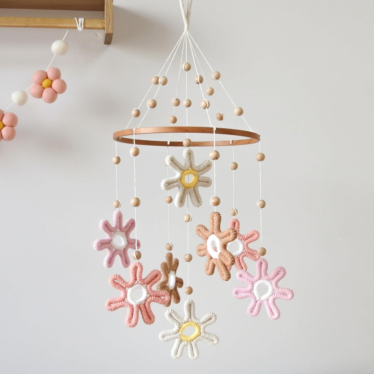 Woven Daisy Mobile for Crib - Boho Nursery Decor for Baby Girls