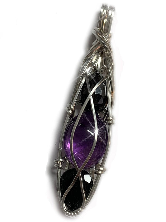 Black Tourmaline Amethyst Hematite Pendant Necklace for Protection
