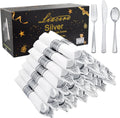 Silver Plastic Silverware 100 Pack with Napkins - Pre Wrapped