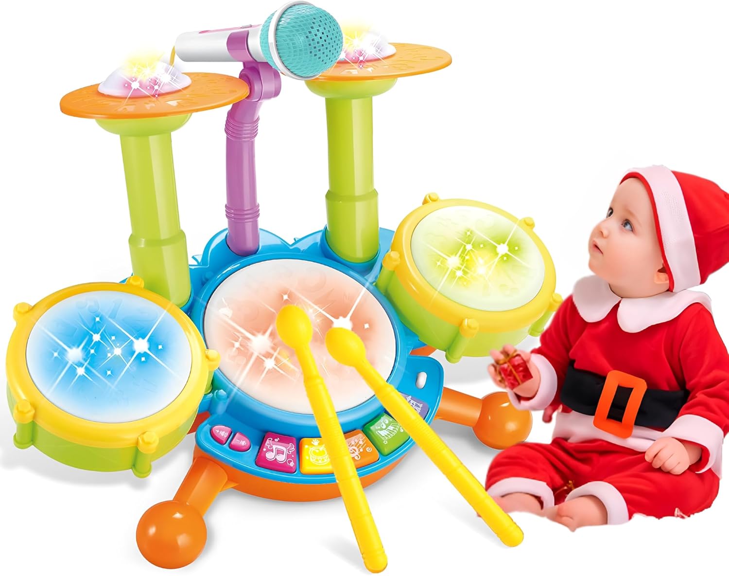 Toddler Drum Set for 1-3 Year Olds with Microphone and Lights