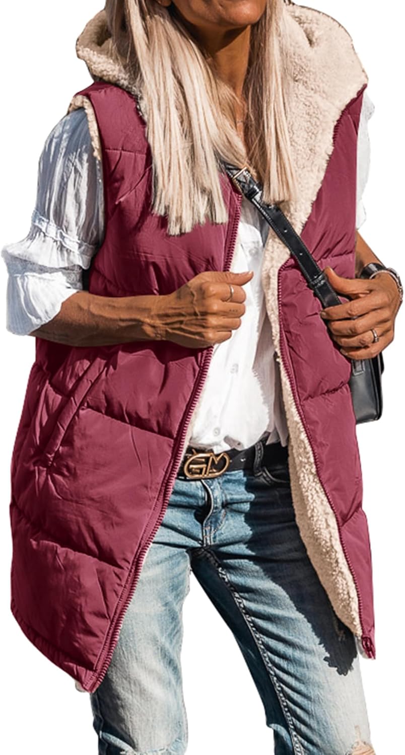 Long Puffer Vest for Women - Reversible Hooded Sherpa Jacket