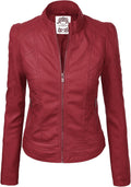 Womens Faux Leather Zip Up Moto Biker Jacket with Stitching Detail on