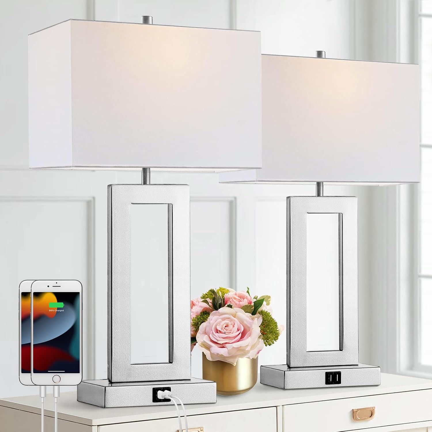 Modern Silver Table Lamps Set of 2 with USB Ports and Dimming
