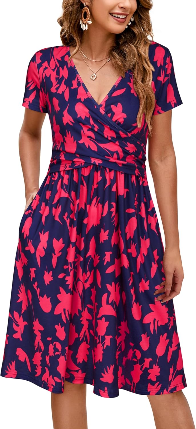 OUGES Women's V Neck Midi Dress with Pockets for Maternity