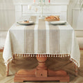 55x120 in Cotton Linen Waterproof Tablecloth - Rustic Farmhouse Tassel