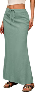 Linen Flared Maxi Skirt for Women - Elastic Waist Drawstring