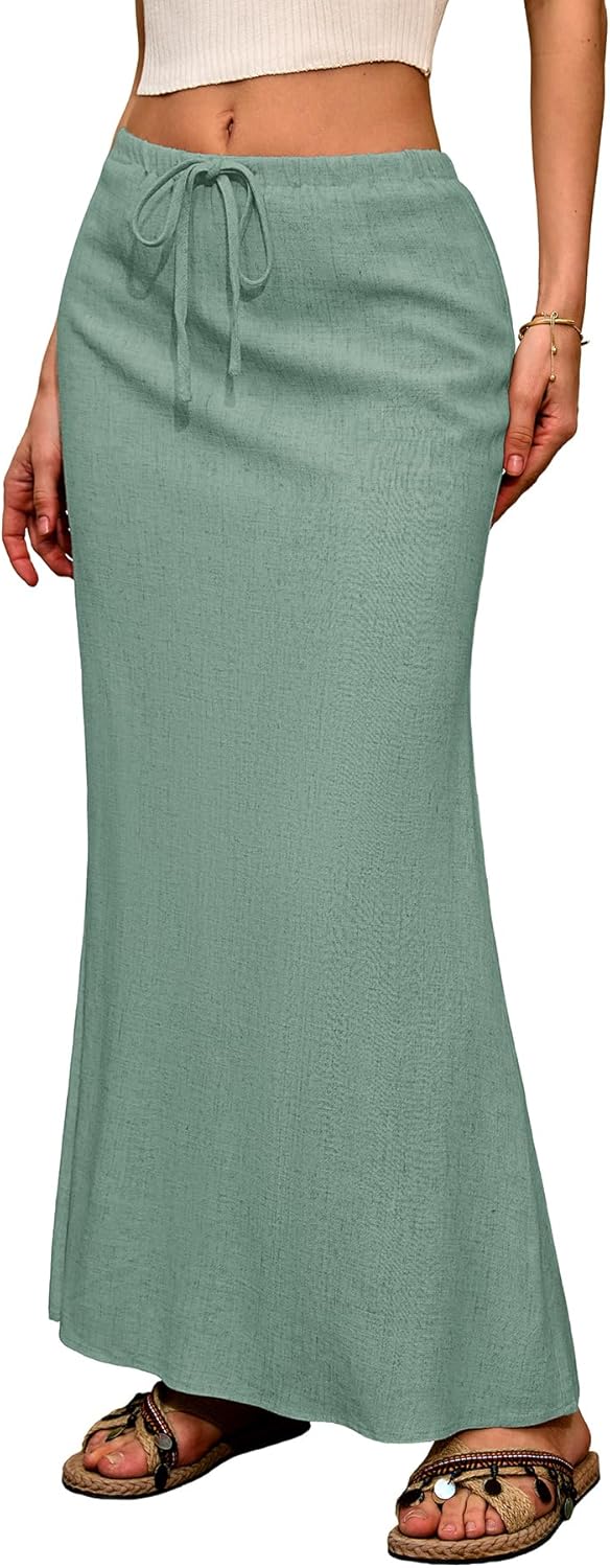 ELLEVEN Linen Flared Maxi Skirt with Back Slit for Summer Style
