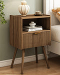 Nightstand Modern Bedside Table with Drawer and Open Shelf - Walnut