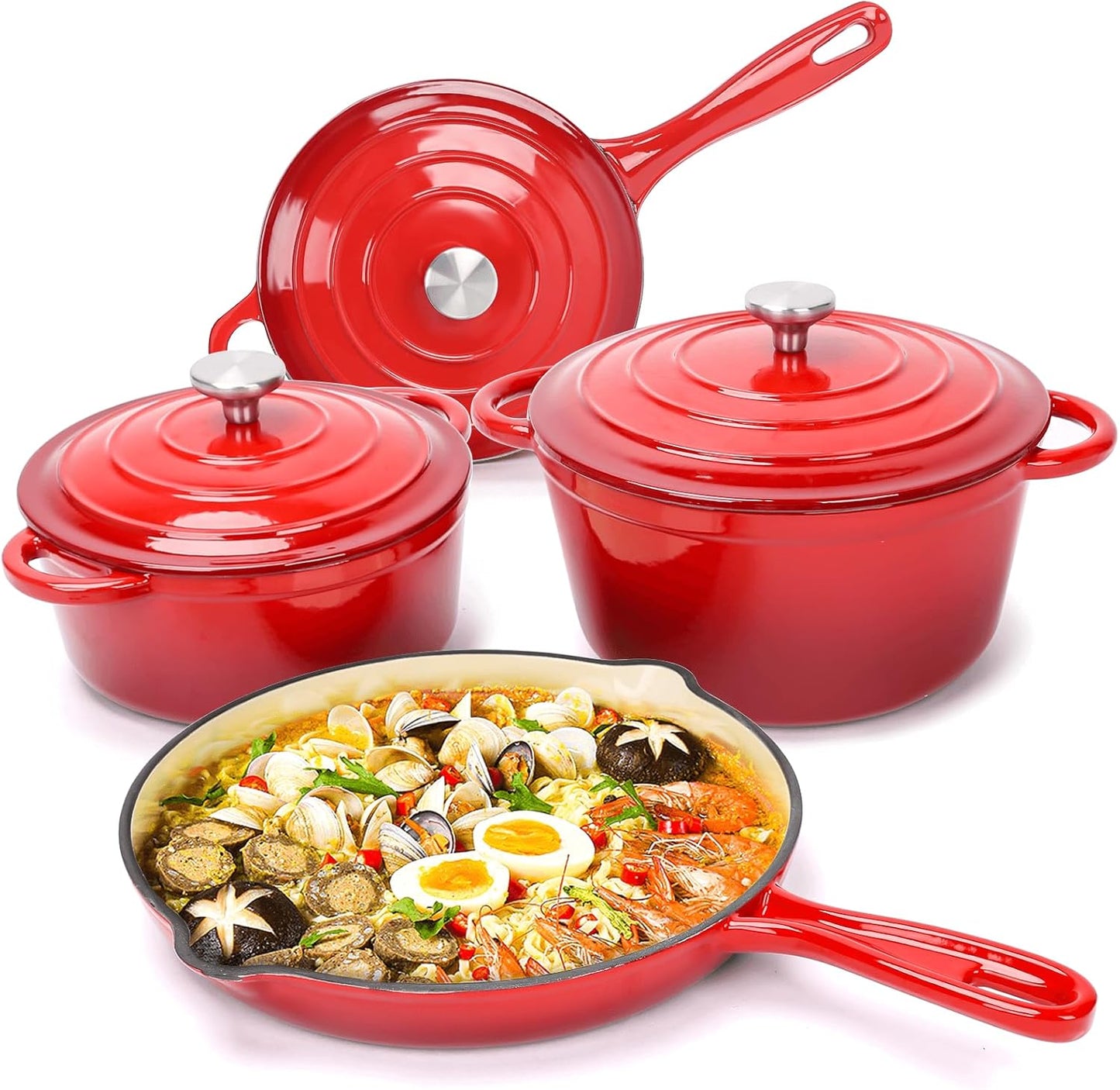Enameled Cast Iron Cookware Set - 7 Piece Dutch Ovens & More
