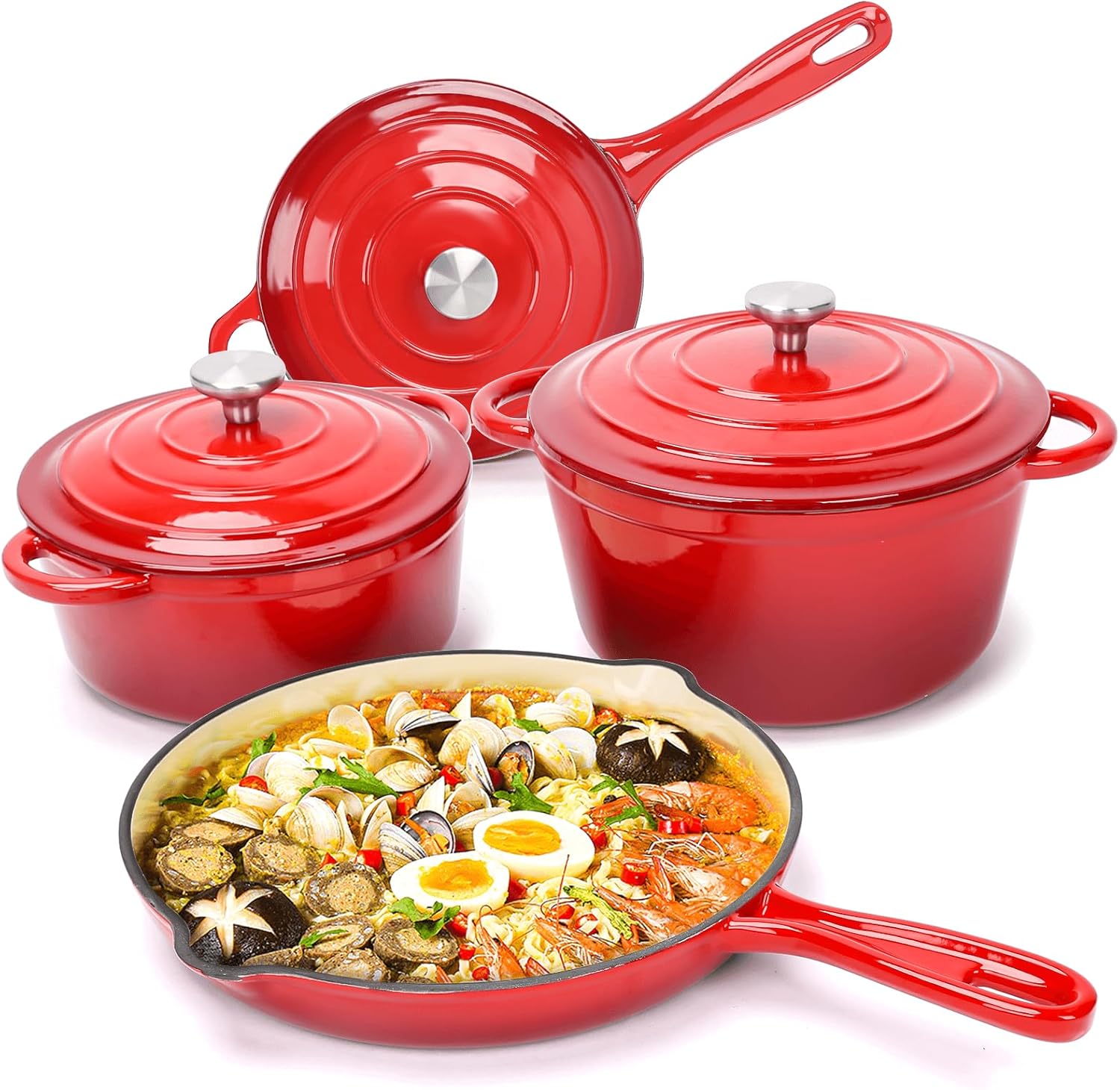 Enameled Cast Iron Cookware Set - 7 Piece Dutch Ovens & More
