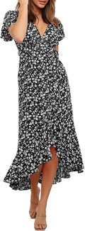 ZESICA Bohemian Floral Wrap V Neck Ruffle Midi Dress - Flowy Beach