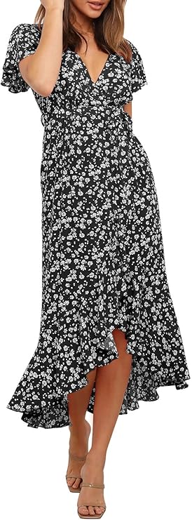 ZESICA Women's Summer Bohemian Floral Printed Wrap V Neck Dress