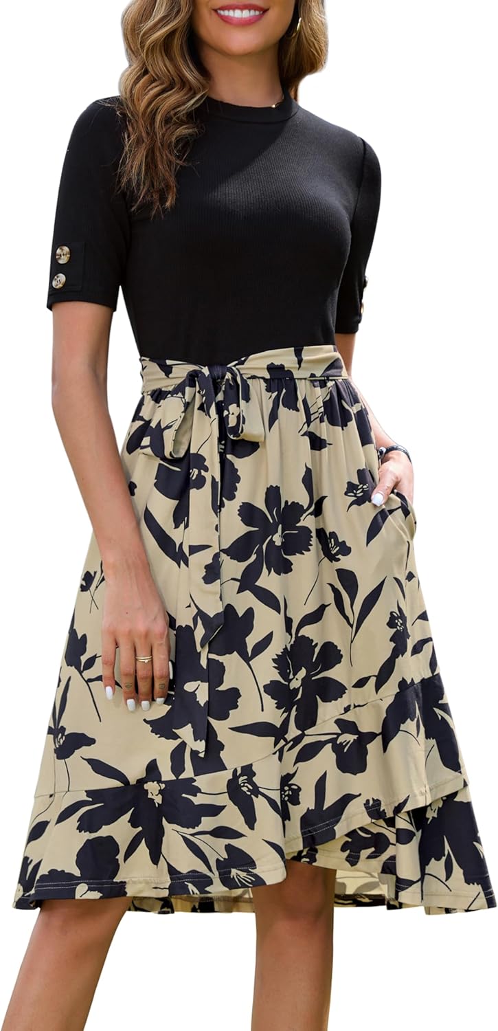 Annebouti Womens Short Sleeve Midi Dress with Pockets